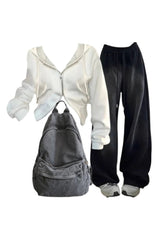 Y2k Outfit: Baggy Y2K Grunge Sweatpants+Korean Y2K White Zip Hoodie+Urban Ash Backpack