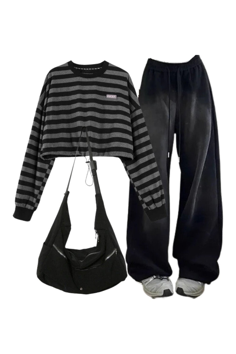 Y2k Outfit: Baggy Y2K Grunge Sweatpants+Striped Drawstring Women's Sweatshirt+High Quality Nylon Shoulder Bag