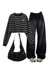 Y2k Outfit: Baggy Y2K Grunge Sweatpants+Striped Drawstring Women's Sweatshirt+High Quality Nylon Shoulder Bag