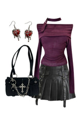 Outfit: Black Buckled Pleated Mini Skirt+Asymmetric Choker Long Sleeve Top+Gothic Cross Chain Shoulder Bag+Earrings