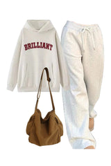 Casual Outfit: Brilliant Statement Hoodie+Vintage Gray Jogging Pants+Large Capacity Solid Black Shoulder Bag