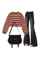 Outfit: Dark Butterfly Flare Jeans+Rainbow Stripes Cropped Sweater+Crossbody School Bag