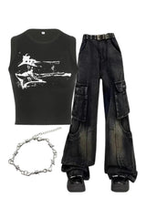 Y2k Outfit: Gothic Cargo Flare Jeans+Distressed Graphic Ribbed Top+Twisted Elegance Bracelet