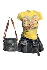 Outfit: Grunge Utility Pocket Denim Skirt+Vintage Kitten Graphic Top+Denim Crossbody Handbag