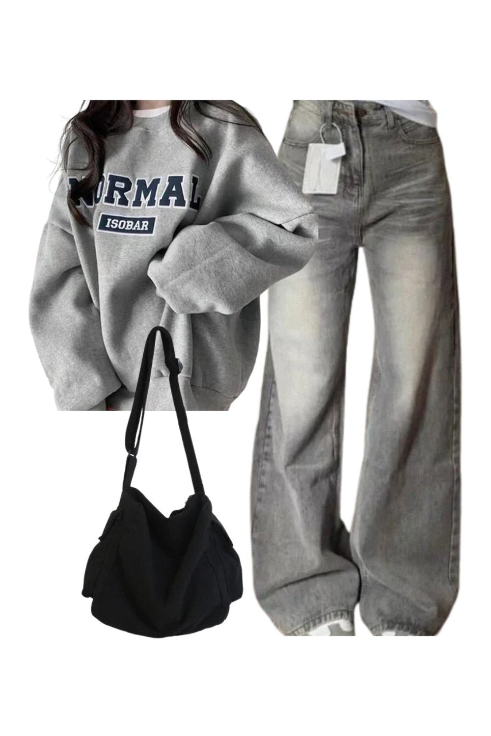 Y2k Outfit: Korean Baggy Denim Pants+Oversized Normal Graphic Sweatshirt+Large Capacity Solid Black Shoulder Bag