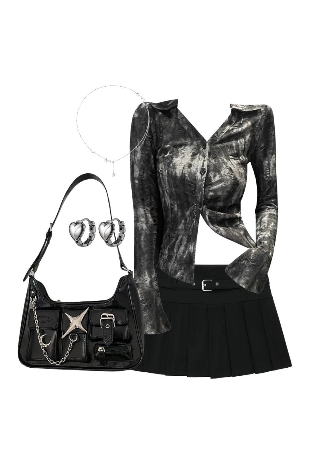 Y2k Outfit: Metallic Asymmetrical Button-Up Blouse+Autumn Chic Short Zipper Skirt+Y2k Black Chain Handbag+Accessories