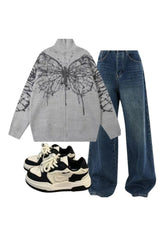 Y2k Outfit: Oversized Dark Wash Wide-Leg Jeans+Oversized Butterfly Grunge Sweater+Pastel Dream Wave Sneakers