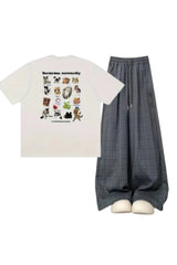 Y2k Outfit: Oversized Plaid Slouchy Pants+Playful Pet Print T-Shirt