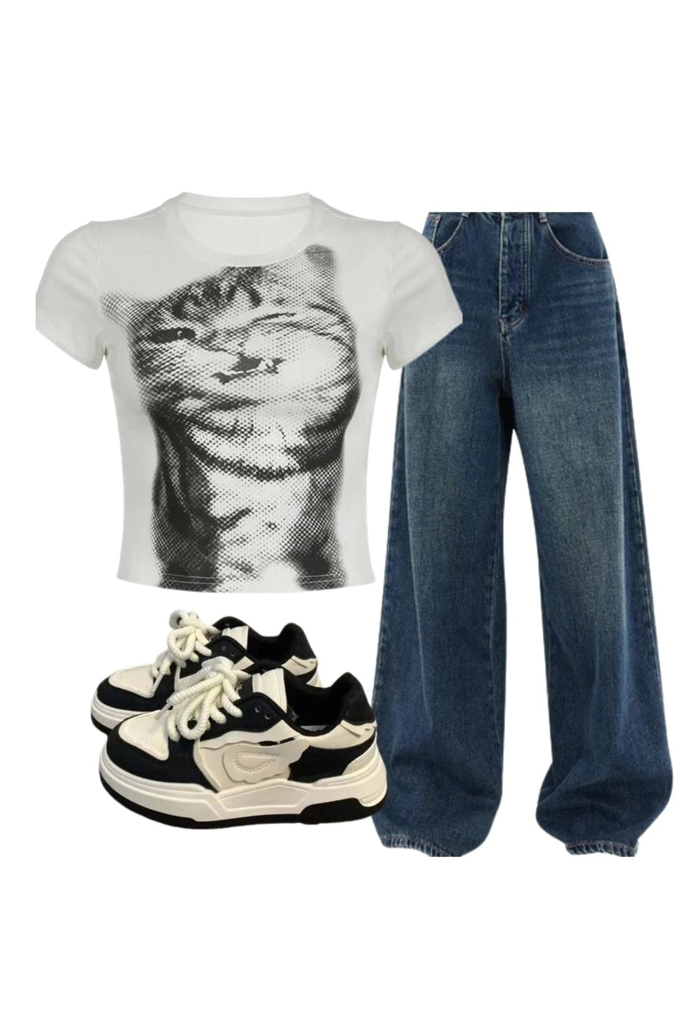 Y2k Outfit: Pixelated Cat Graphic Crop Top+Oversized Dark Wash Wide-Leg Jeans+Pastel Dream Wave Sneakers