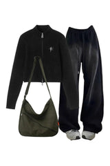 Y2k Outfit: Ribbed Zip-Up Turtleneck Sweater+Baggy Y2K Grunge Sweatpants+Cotton Large Capacity Shoulder Bag