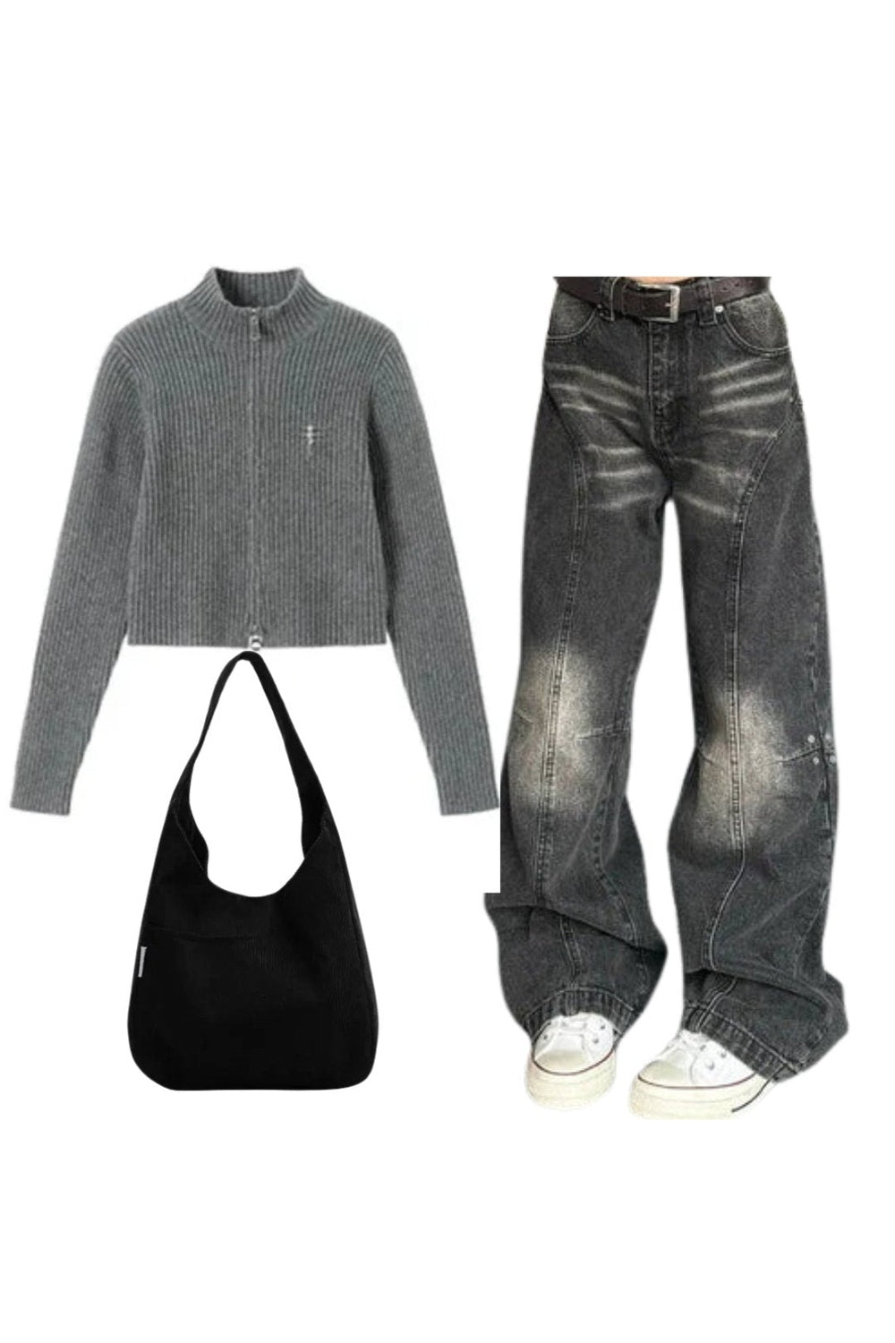 Y2k Outfit: Ribbed Zip-Up Turtleneck Sweater+Washed Black Wide-Leg Jeans+Canvas Corduroy Large Handbag