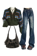 Outfit: Vintage Wash Flare Jeans+Forest Fair Isle Lace-Up Sweater+Rustic Ruched Shoulder Bag