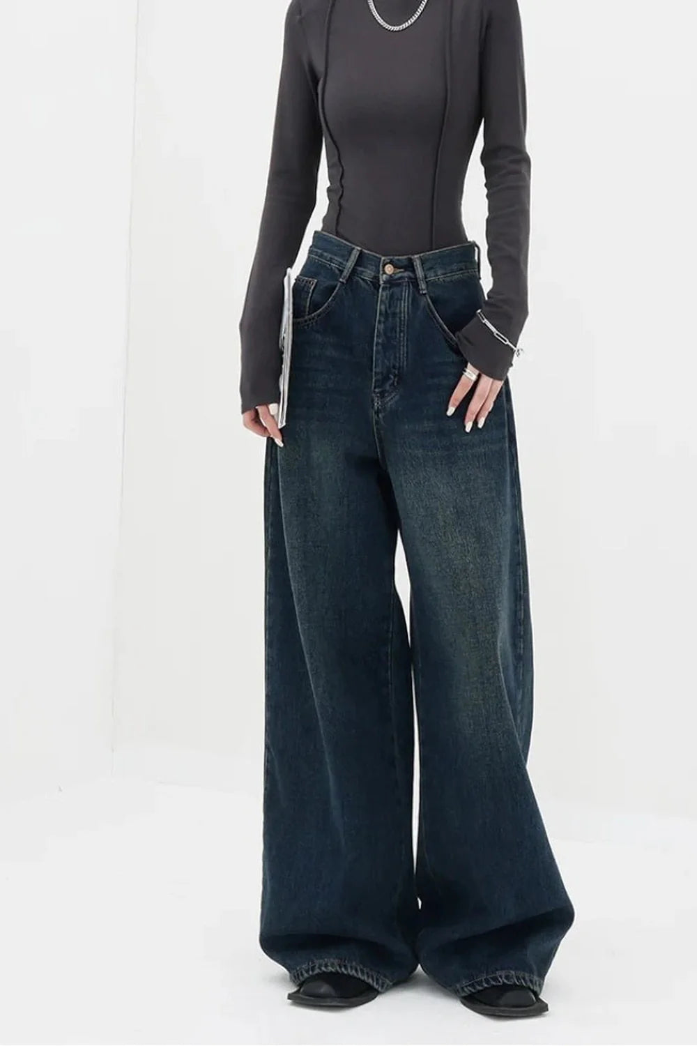 Fall Oversized Dark Wash Wide-Leg Jeans