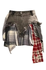 Patchwork Plaid Denim Skirt