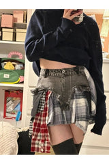 Patchwork Plaid Denim Skirt