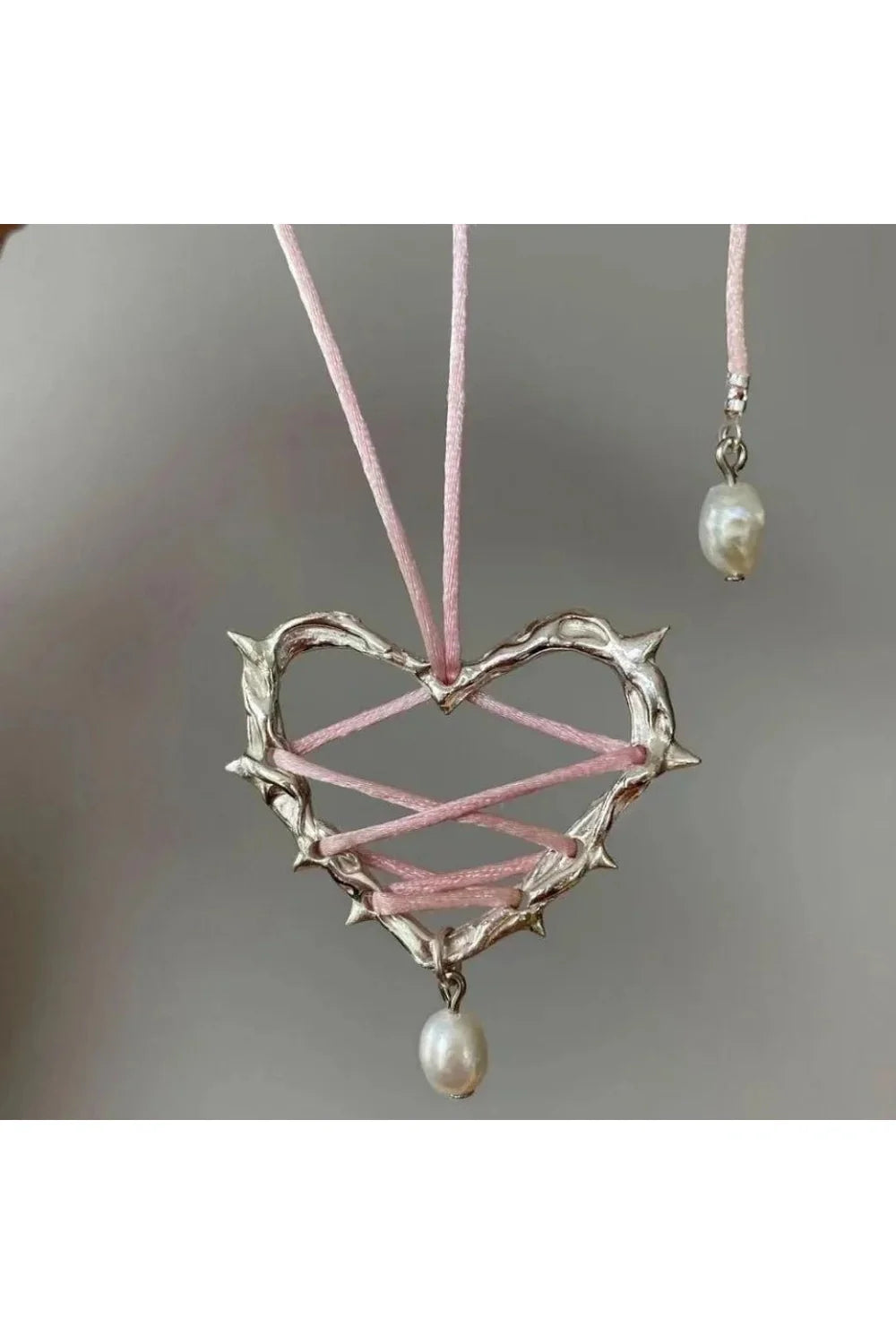 Pink Bow Metal Heart Necklace