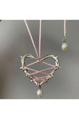 Pink Bow Metal Heart Necklace