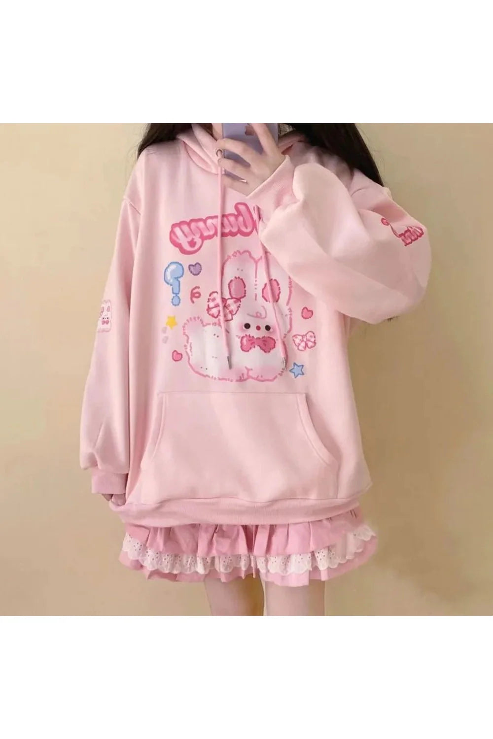 Fall Pink Hoodie Rabbit Print