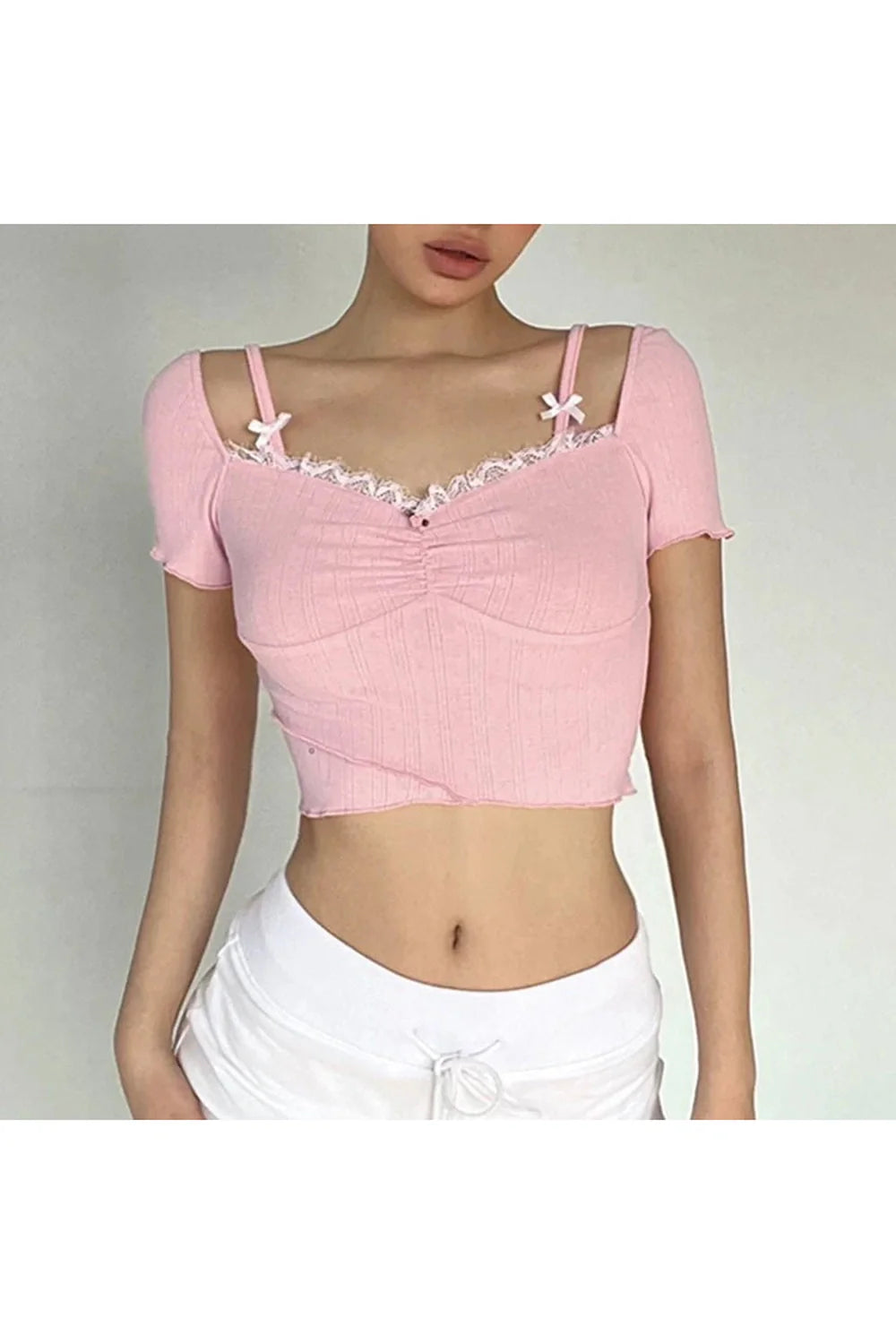Rosa Crop-Top mit Spitzenbesatz und Schleife
