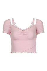 Rosa Crop-Top mit Spitzenbesatz und Schleife
