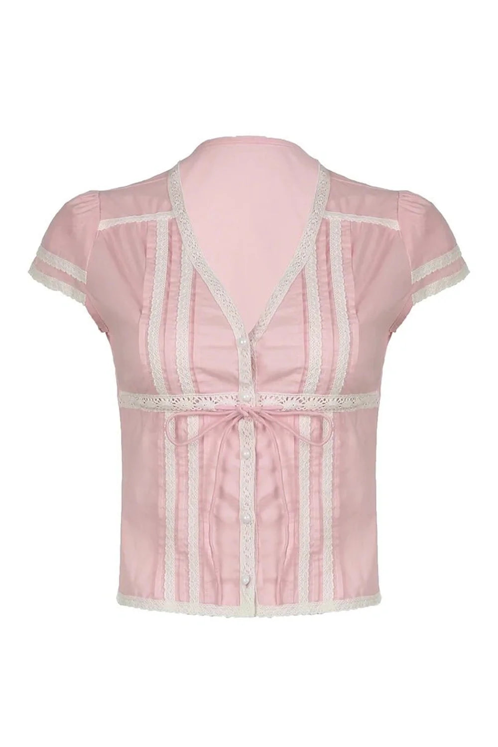 Pink Lace Trim Bow Blouse