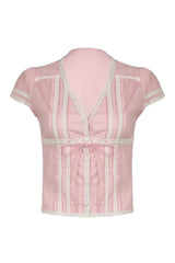 Pink Lace Trim Bow Blouse