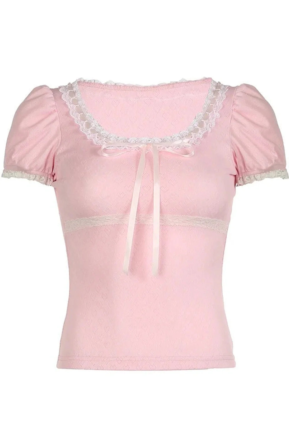 Pink Lace-Trim Puff Sleeve Top