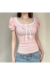 Pink Lace-Trim Puff Sleeve Top