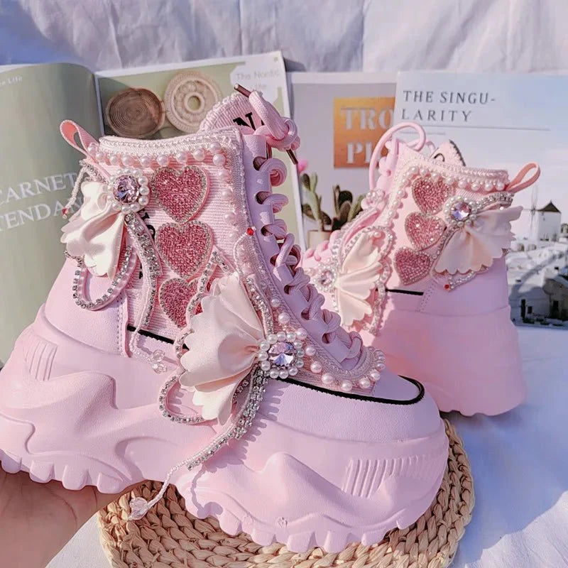 Pink Pearl Heart High Platform Sneakers