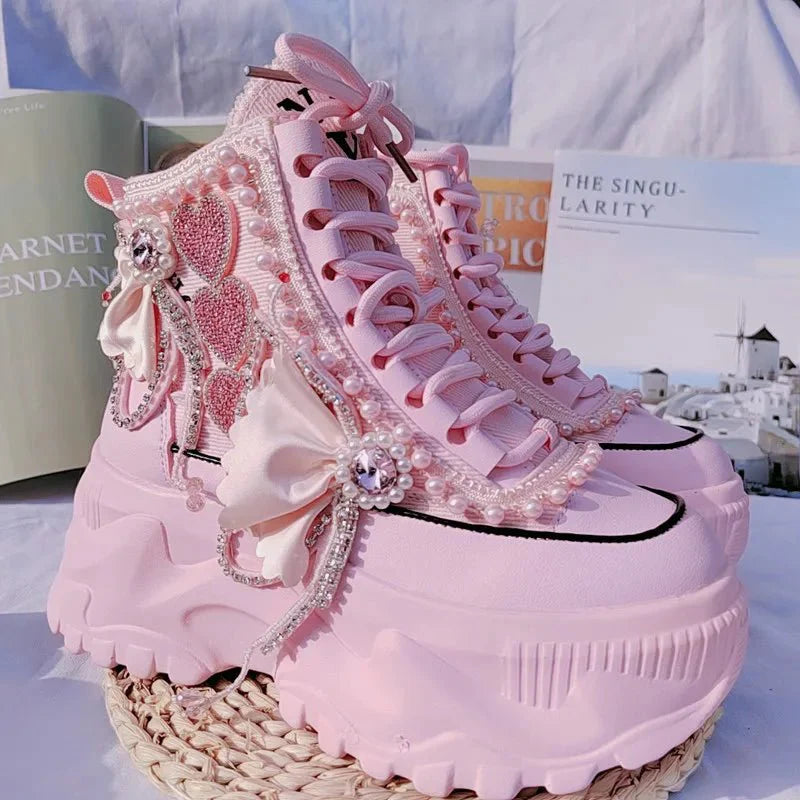 Pink Pearl Heart High Platform Sneakers