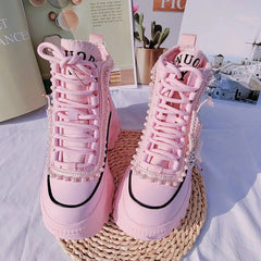 Pink Pearl Heart High Platform Sneakers