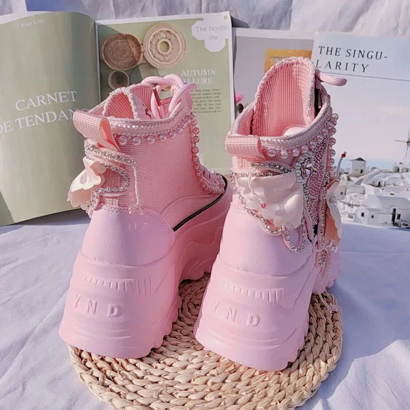 Pink Pearl Heart High Platform Sneakers