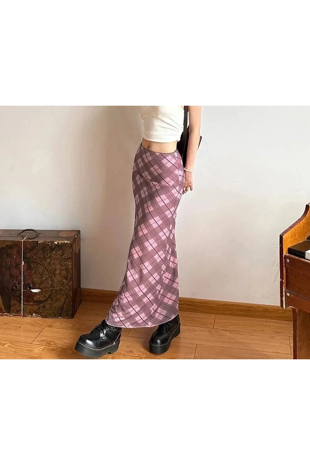 Pink Rhomboid Plaid Midi Skirt