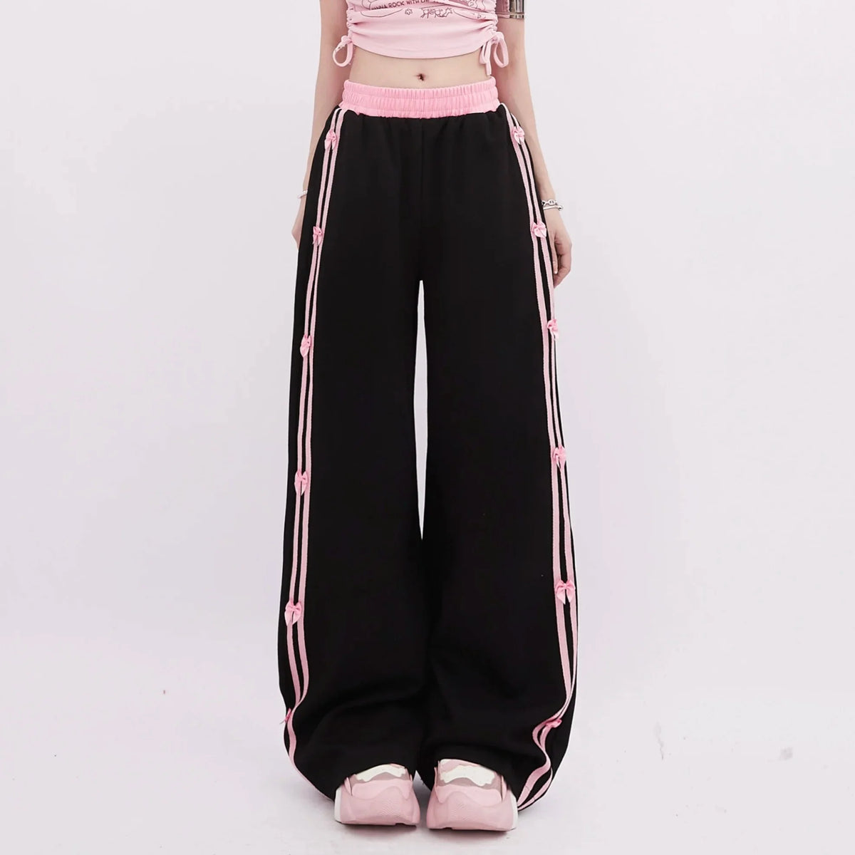 Pink-Trimmed Bow Accent Wide-Leg Pants