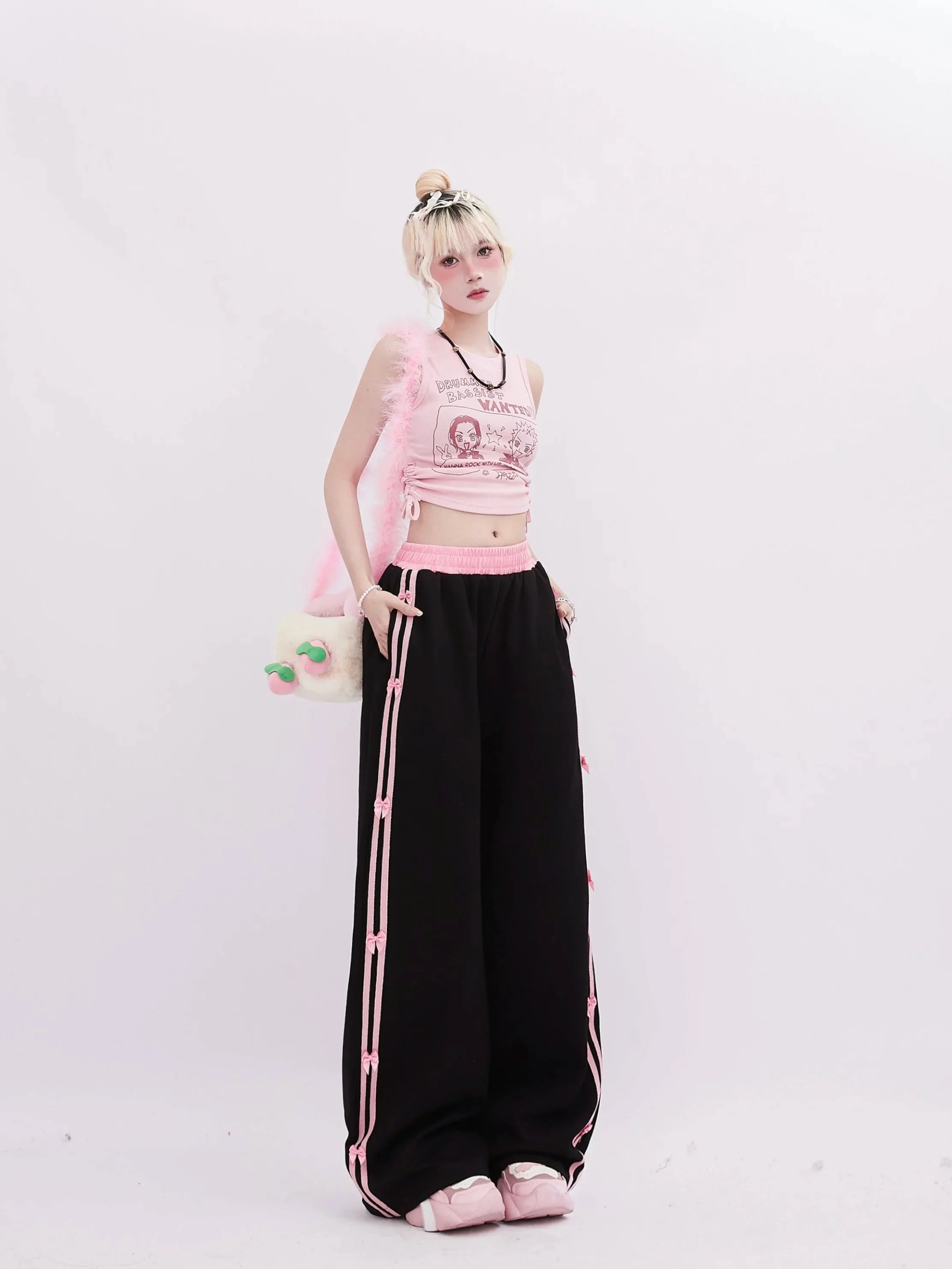 Pink-Trimmed Bow Accent Wide-Leg Pants