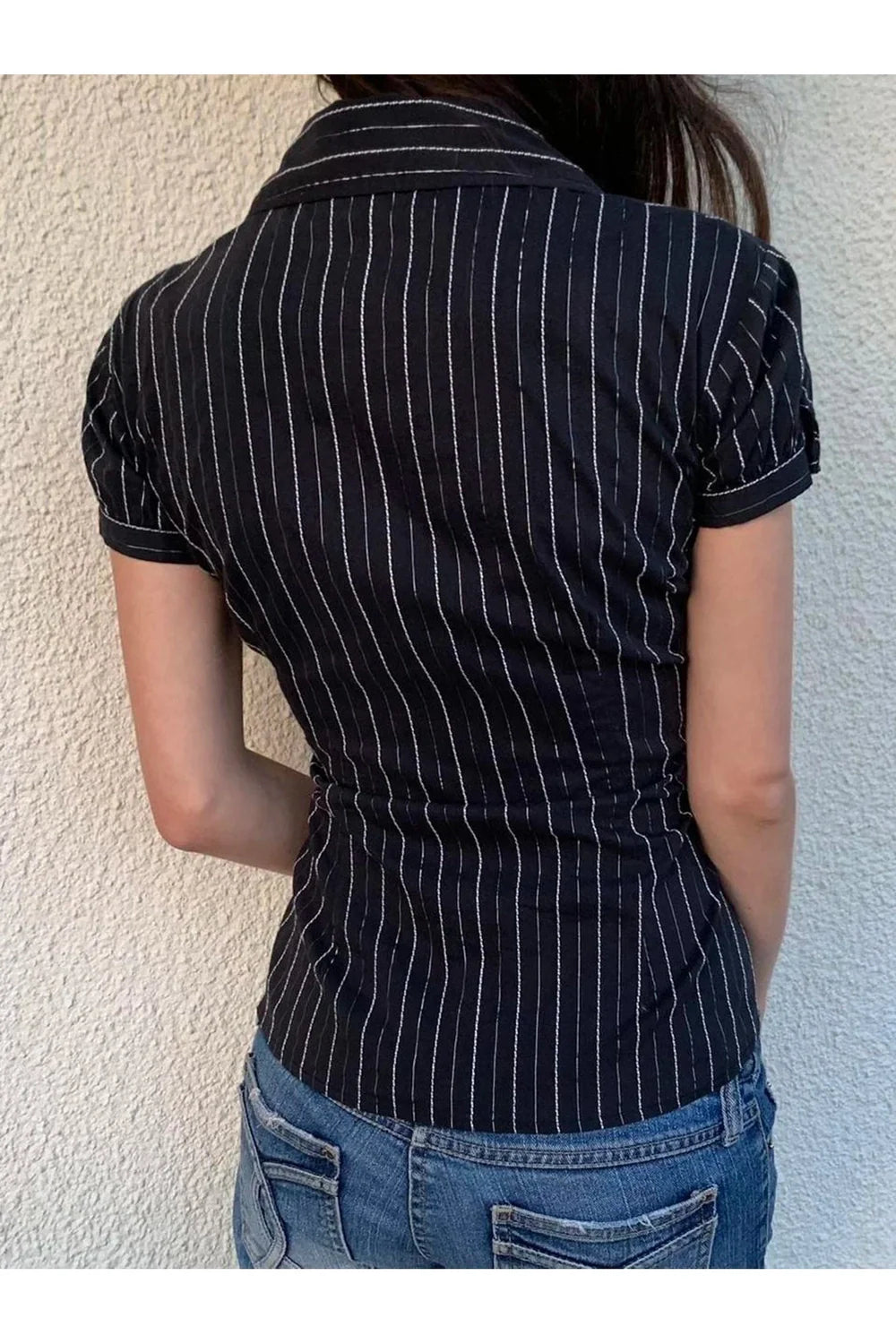 Pinstripe Fitted Button-Up Blouse