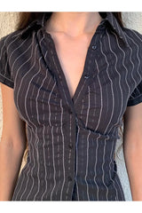 Pinstripe Fitted Button-Up Blouse