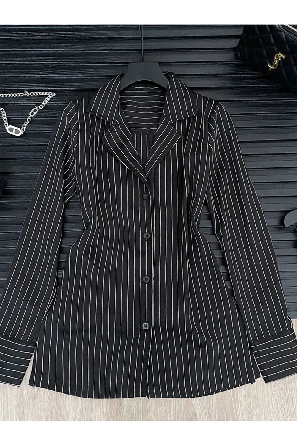 Pinstripe Power Blazer and Skirt Set