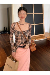 Plaid Cropped Blouse Sunscreen Top