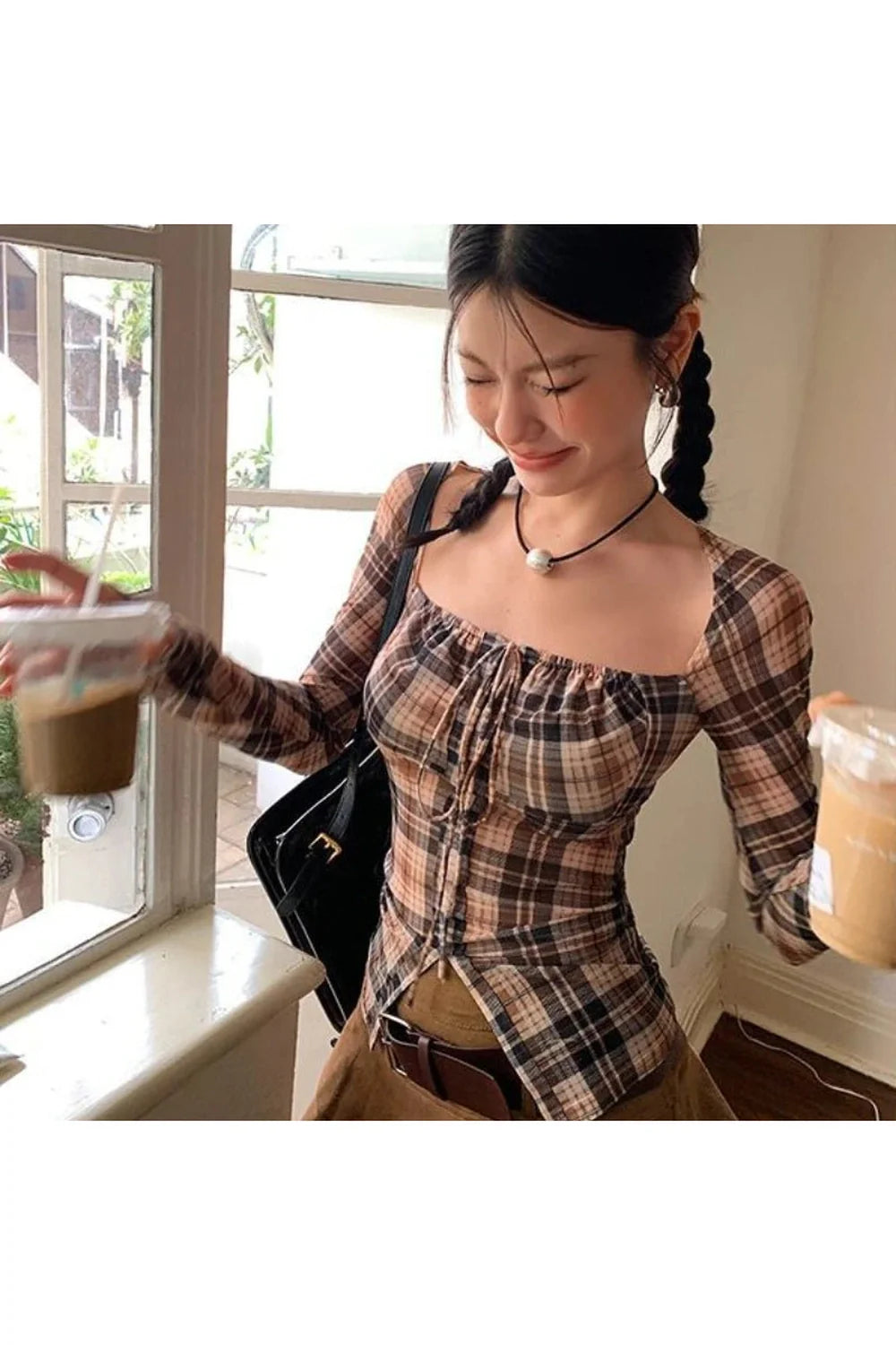 Plaid Cropped Blouse Sunscreen Top