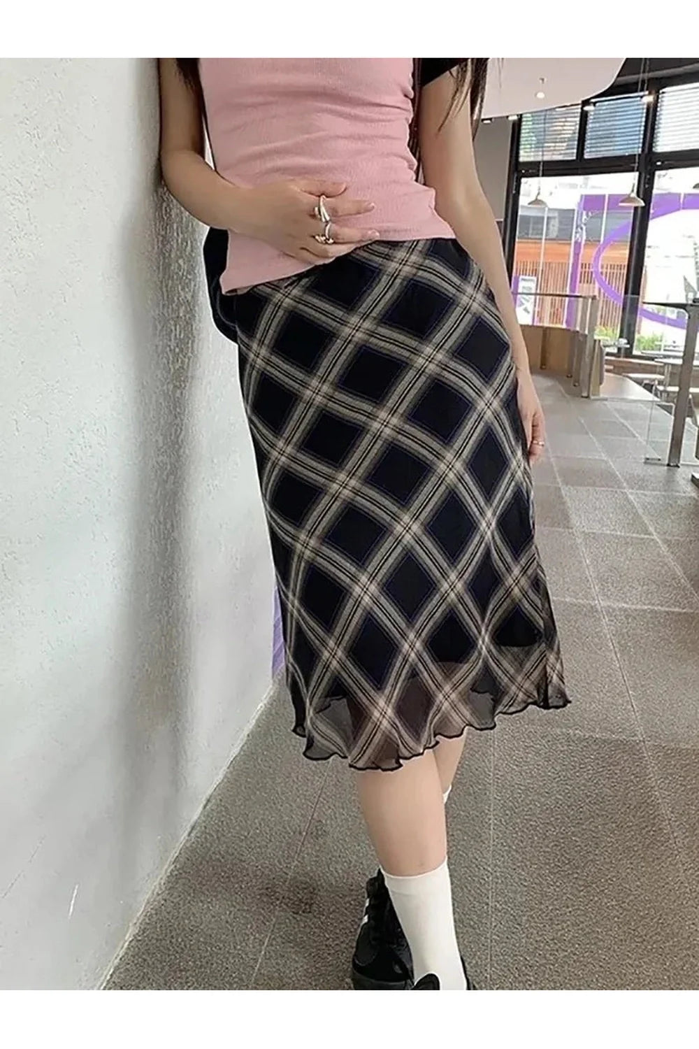 Plaid High Waist Midi Skirt