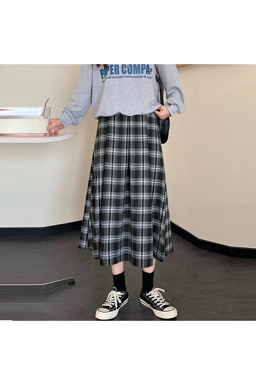 Plaid Midi Student Skirt