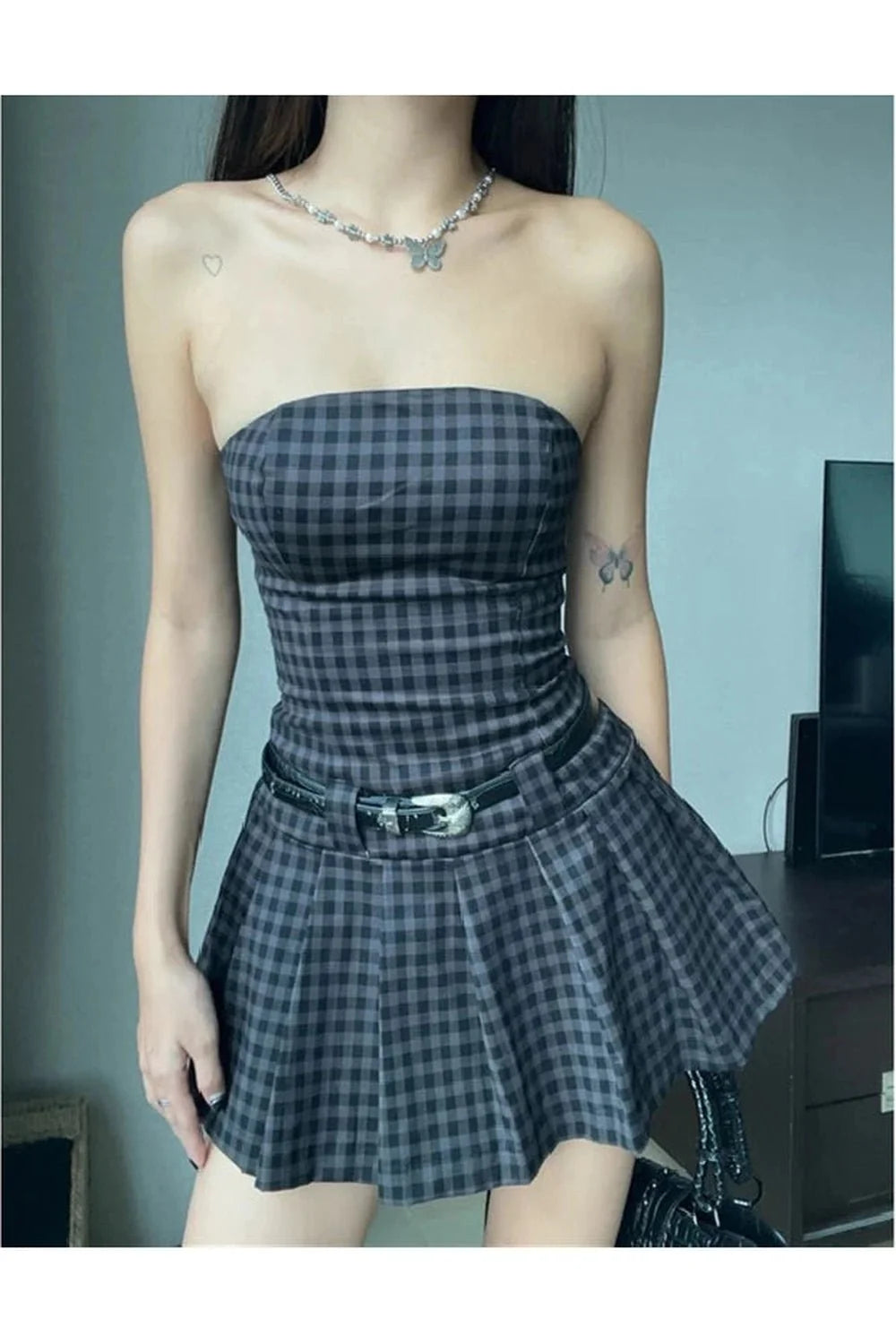 Plaid Strapless Skater Dress