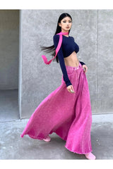 Pleated Denim Tie Dye Maxi Skirt