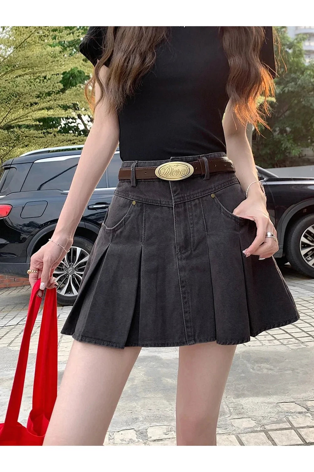 Plissierter Jeansrock mit hoher Taille