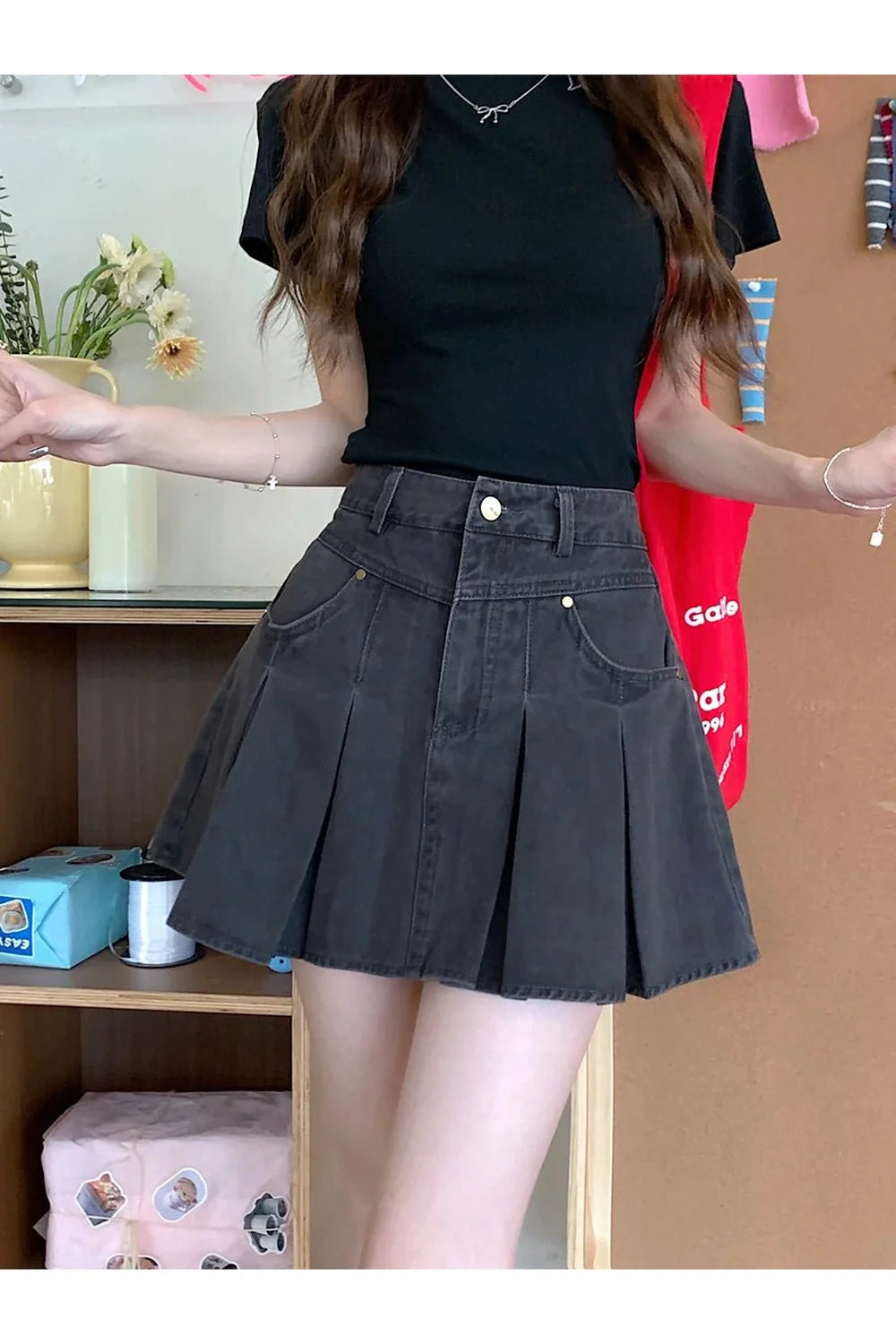 Plissierter Jeansrock mit hoher Taille