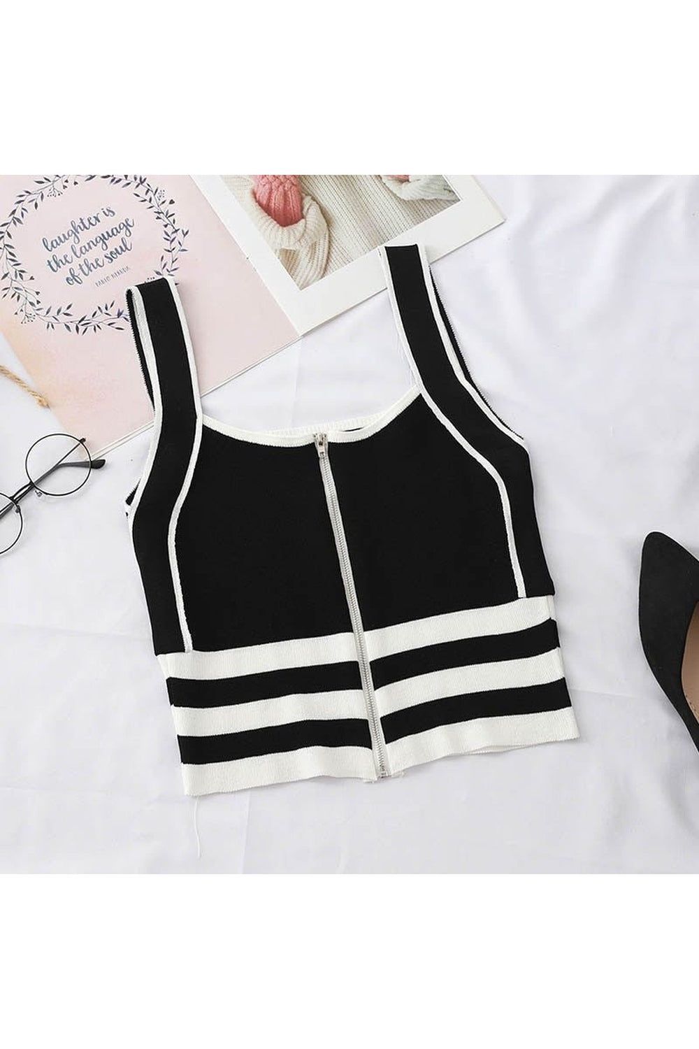 Preppy Zipper Striped Crop Top