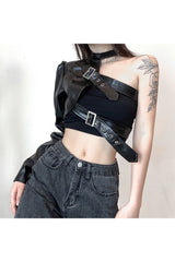 PU Leather One shoulder Punk Crop Top