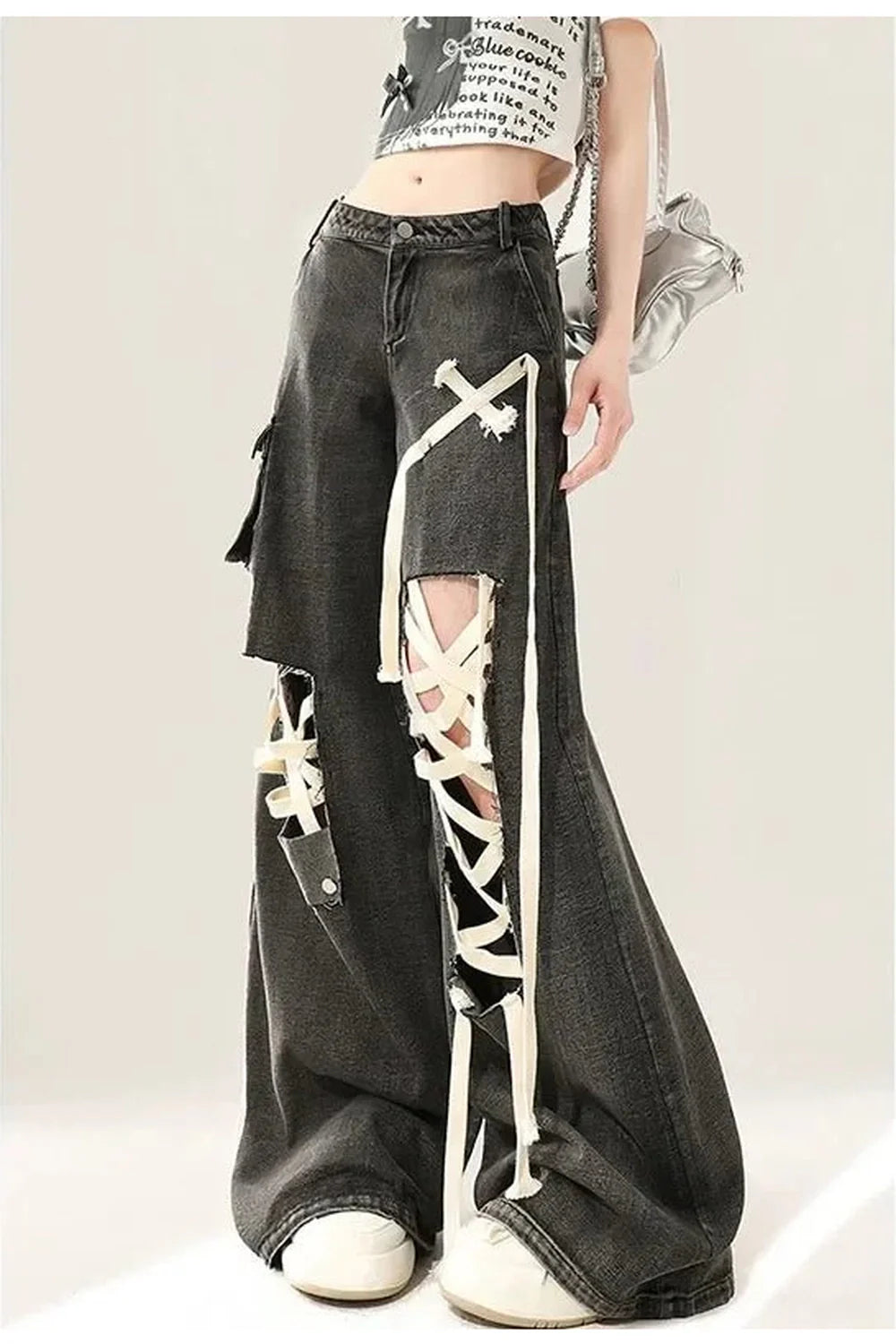 Fall Punk Lace-Up Distressed Jeans