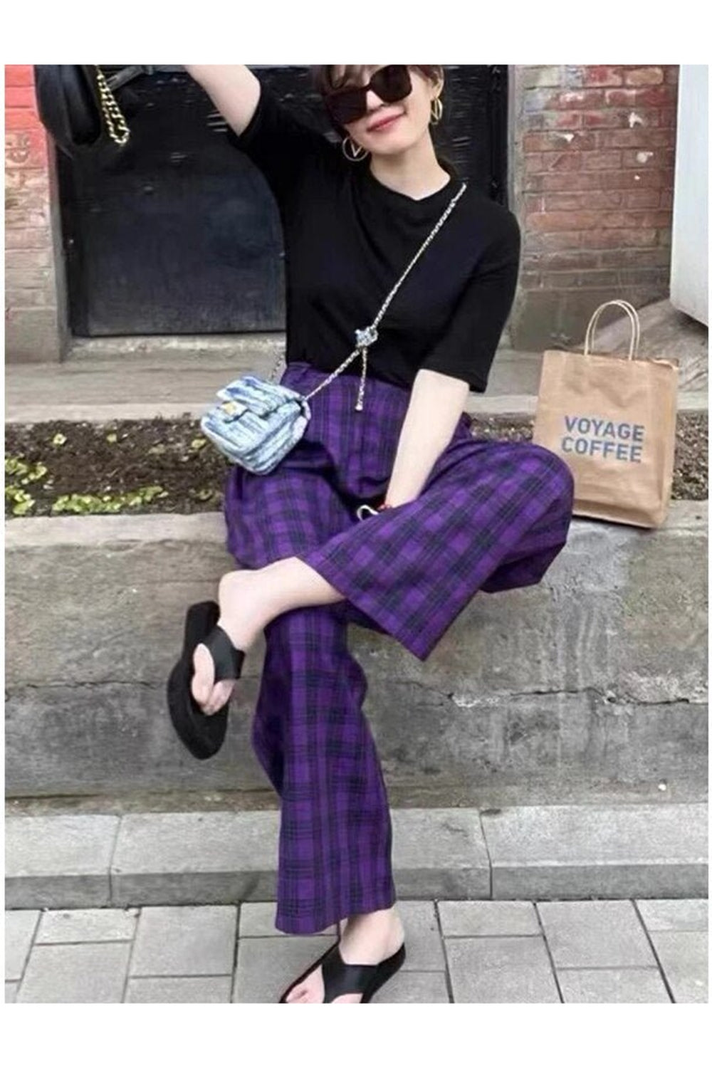 Purple Plaid Wide Leg Pants